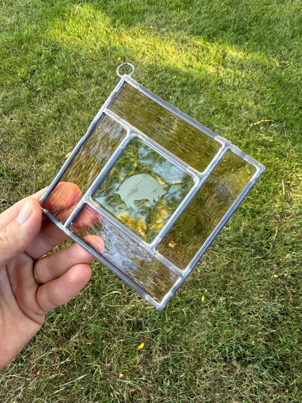 Small Vintage 4” Hanging Stained Glass Art With Pig Farmhouse Decor Window.